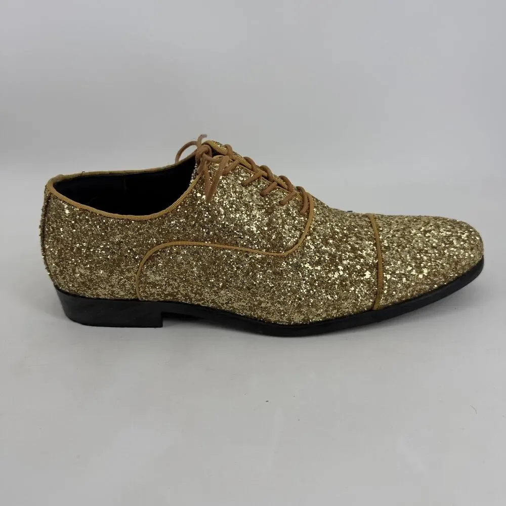 Amali Shoes Mens Size 9.5 Gold Glitter Cap Toe Dress Oxford Lawrence-035